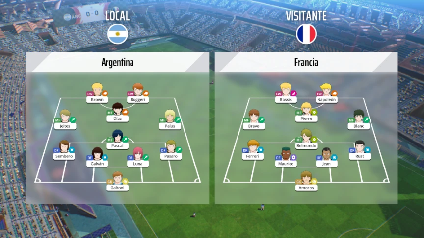 Pantalla de alineaciones de Argentina y Francia en Captain Tsubasa 2: World Fighters