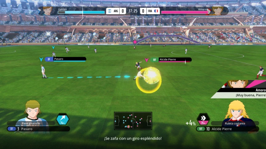 Captura de gameplay de Captain Tsubasa 2: World Fighters durante una gambeta en el partido Argentina vs. Francia