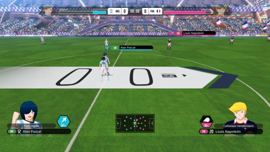 Captura de gameplay de Captain Tsubasa 2: World Fighters en el inicio de una jugada entre Argentina y Francia