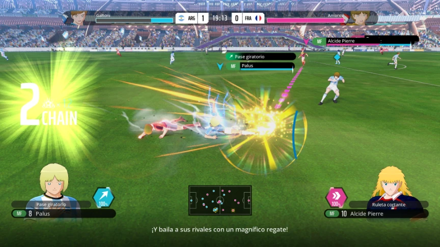Captura de gameplay de Captain Tsubasa 2: World Fighters durante un partido entre las selecciones de Argentina y Francia, con el sistema de cadenas activado