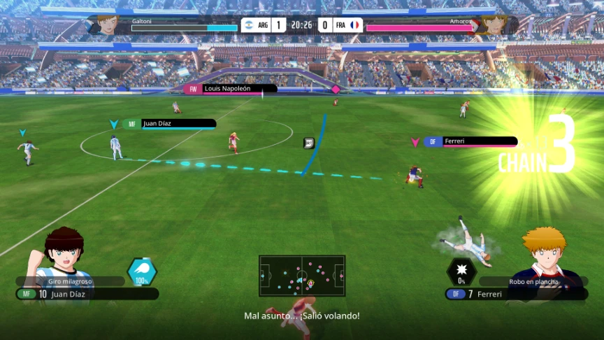 Captura de gameplay de Captain Tsubasa 2: World Fighters con un duelo directo contra el arquero entre Argentina y Francia
