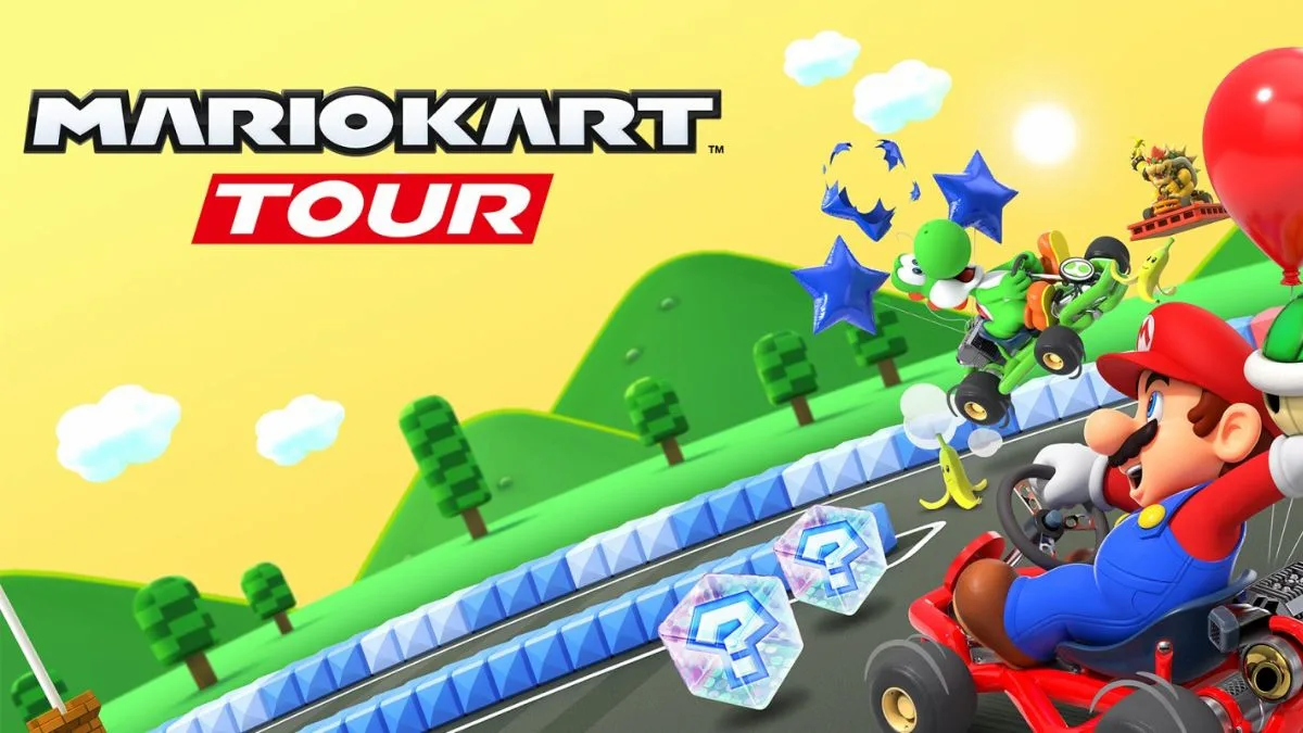 Arte oficial de Mario Kart Tour con Mario y Yoshi corriendo en la pista