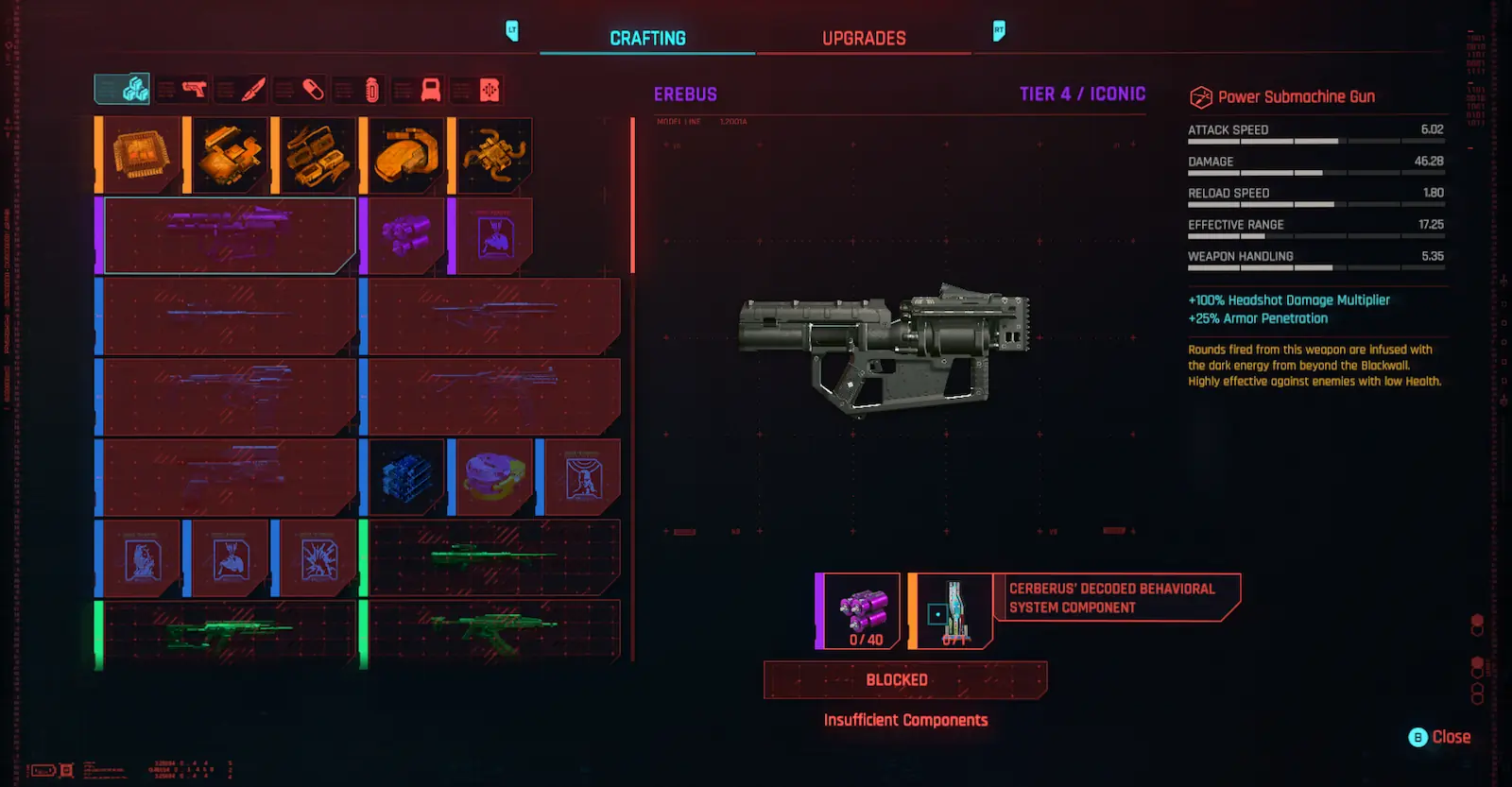 V equipando el subfusil Erebus en Cyberpunk 2077