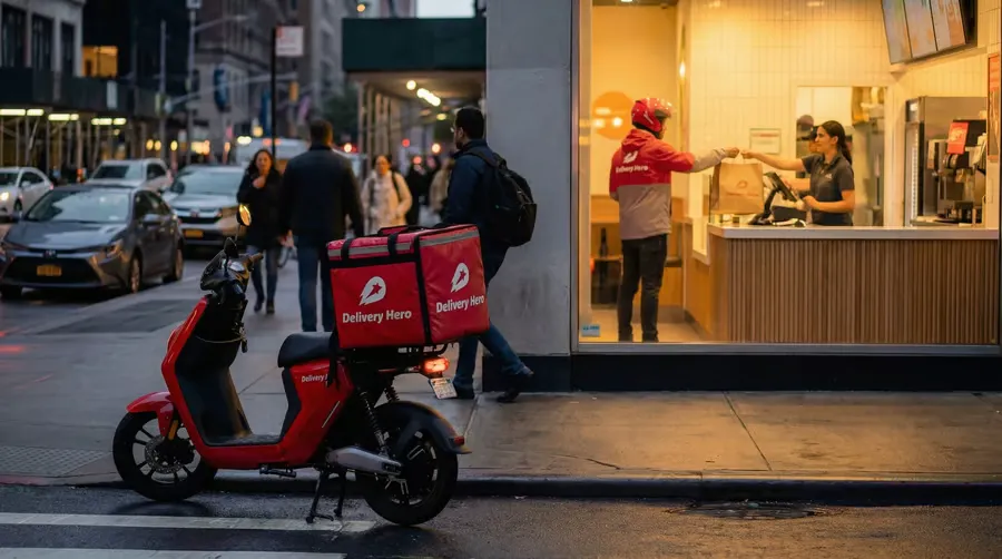 Repartidor de Delivery Hero junto a una moto eléctrica en la calle