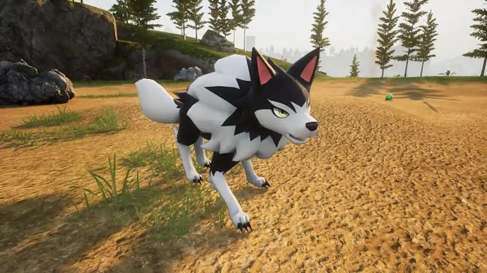 Direhowl, el Pal lobo blanco y negro, corriendo por un terreno árido en Palworld