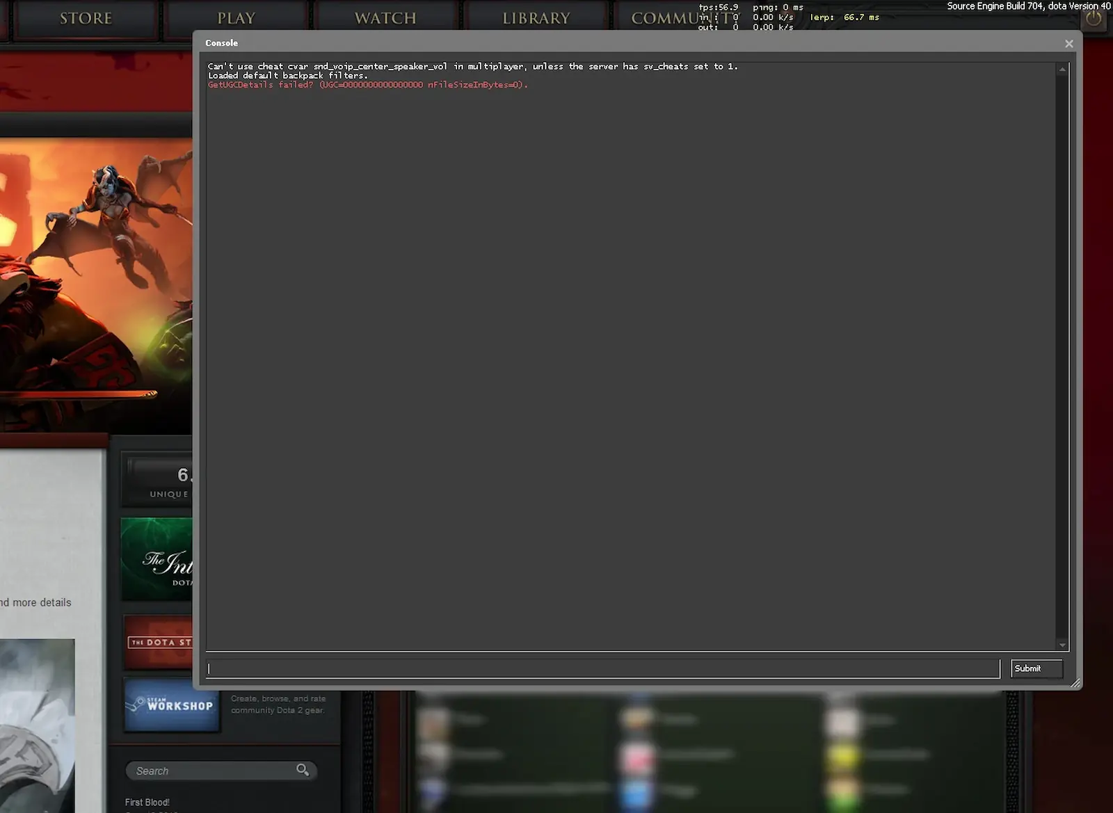 Consola de comandos de Dota 2 con el comando fps_max_ui 30 para bajar los FPS