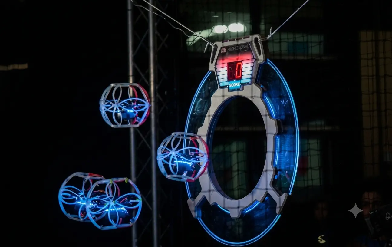 Drones esféricos azules rodean el aro de Drone Soccer con el marcador electrónico durante un partido