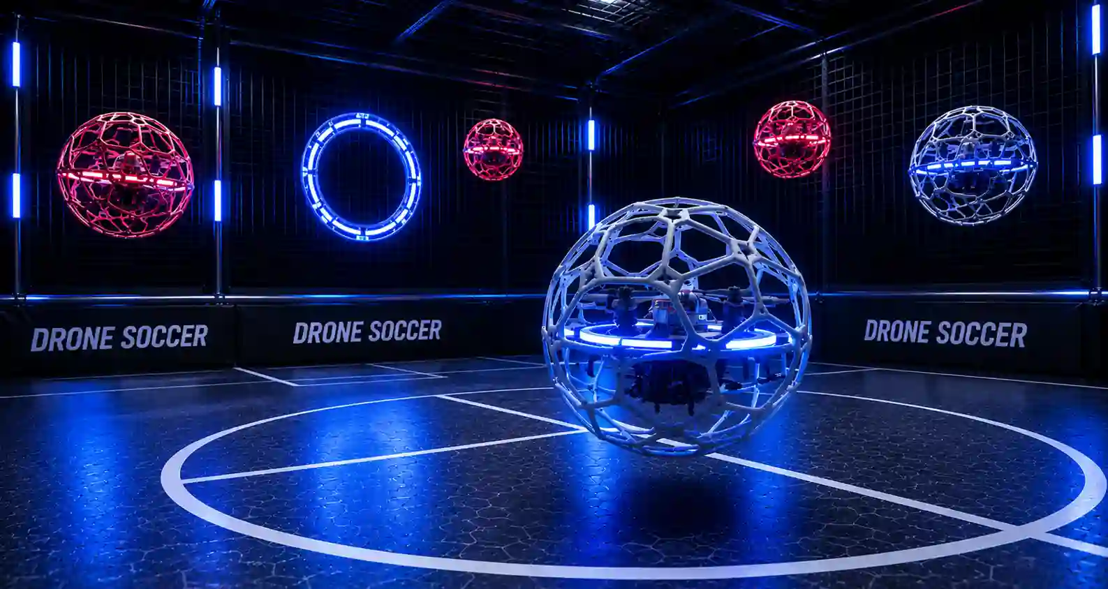 Cancha de Drone Soccer iluminada con el aro central y los drones esféricos azules y rojos de los dos equipos
