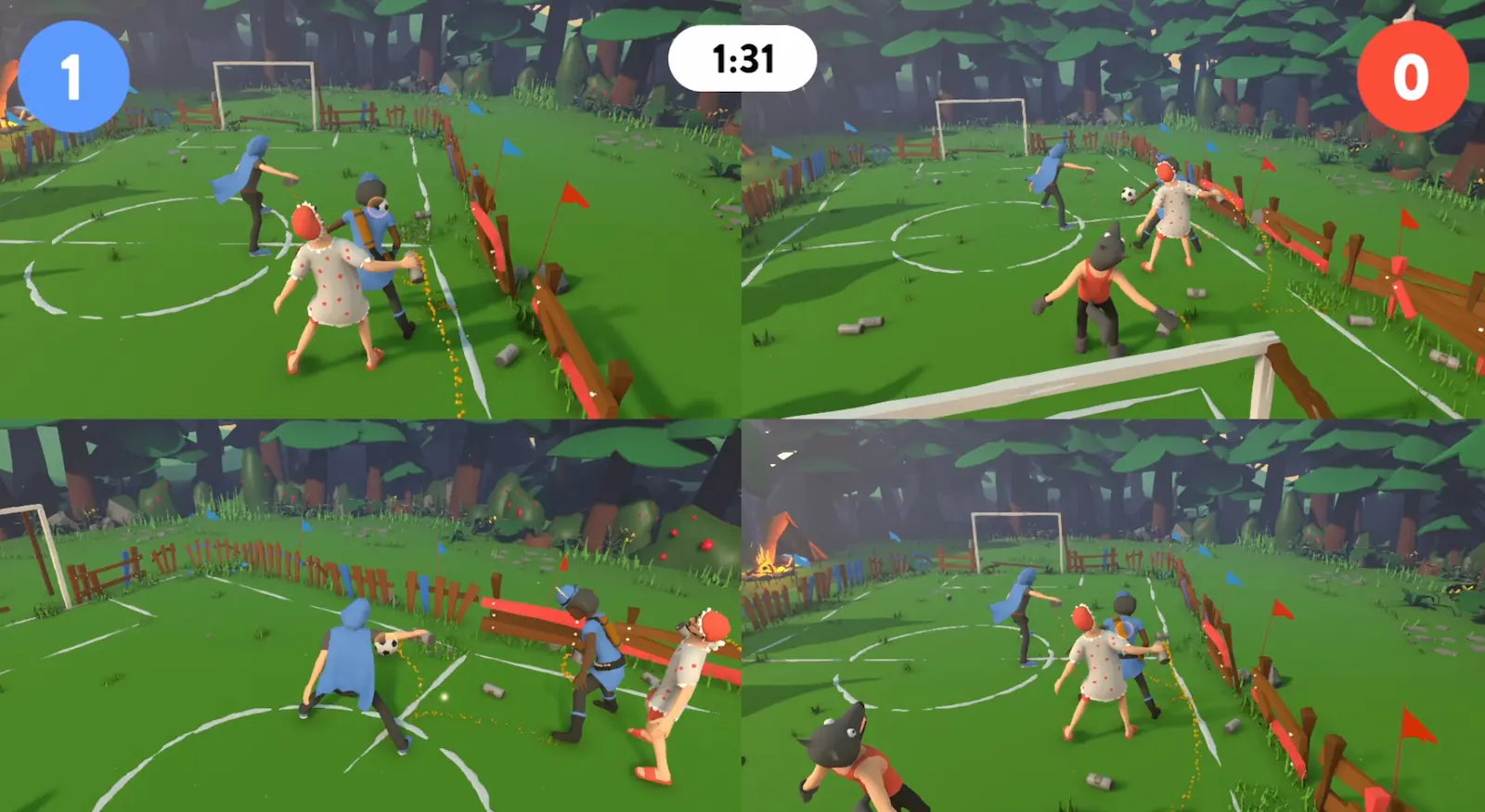 Partido de Drunken FC en pantalla dividida para cuatro jugadores, en una cancha en el bosque