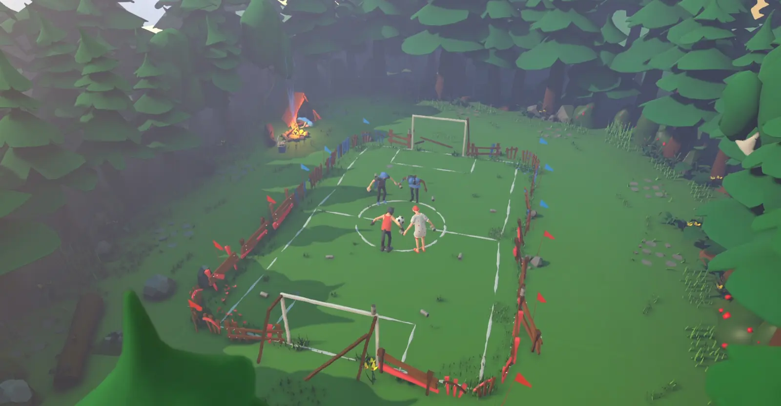 Futbolistas de Drunken FC cayéndose al piso por efecto de las físicas de muñecos de trapo