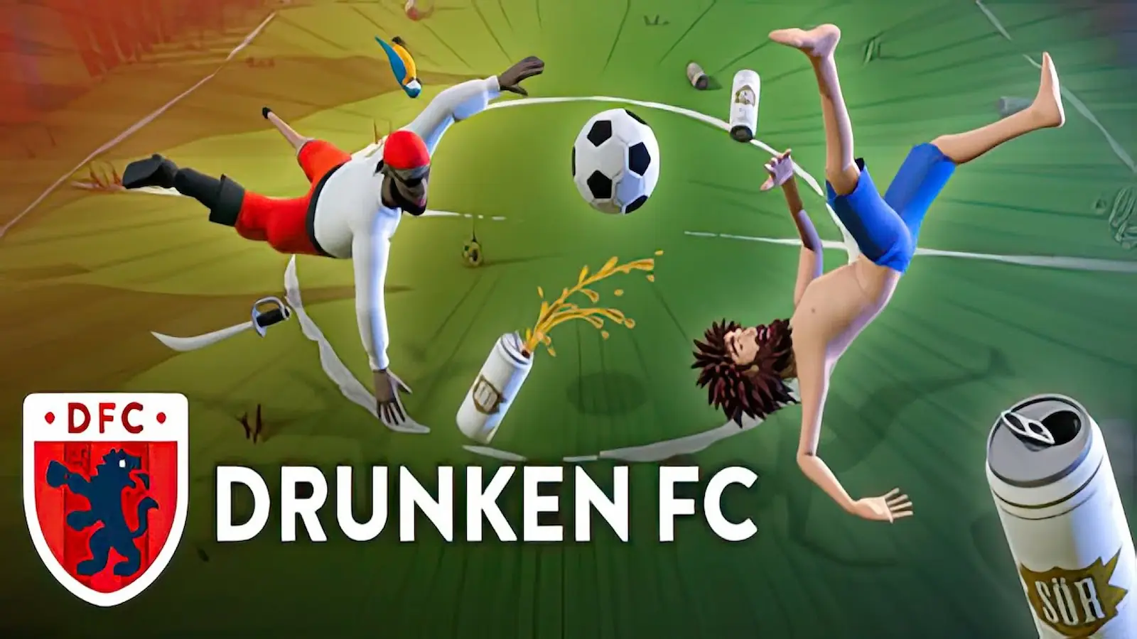 Arte de Drunken FC con dos futbolistas tambaleándose alrededor de la pelota, entre latas de cerveza