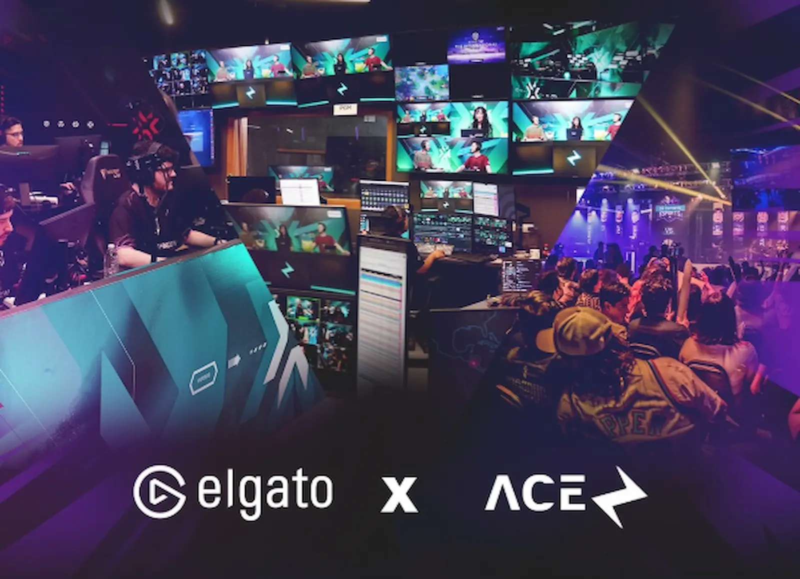 Sala de control de la transmisión de Liga ACE, con muchos monitores y el branding de Elgato x ACE
