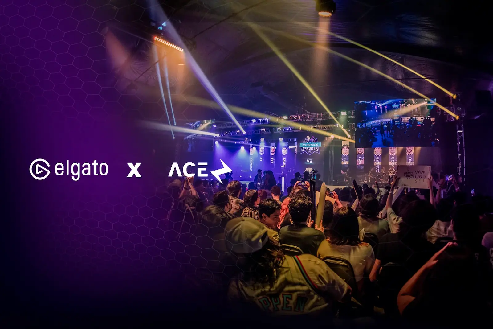 Logo de Elgato x ACE sobre el público de un evento de esports, anunciando el acuerdo de patrocinio 2026
