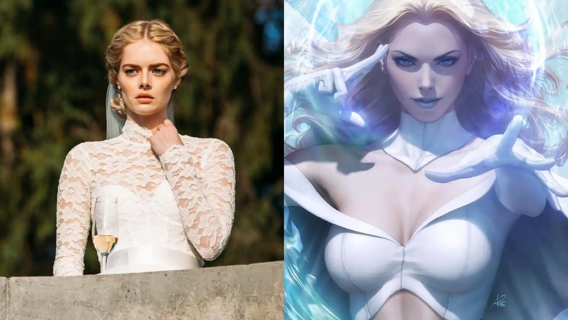 Samara Weaving junto a la versión de los cómics de Emma Frost, el personaje que interpretaría en los X-Men del MCU