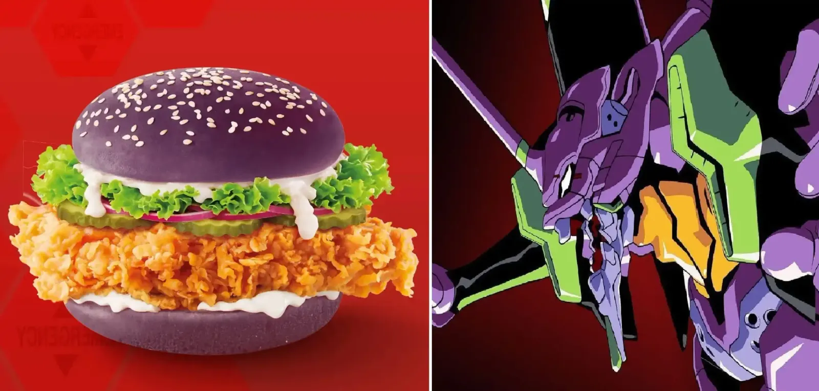 La Purple Field Zinger Burger de KFC, con pan violeta oscuro y pollo frito, junto a una ilustración del EVA-01 de Evangelion