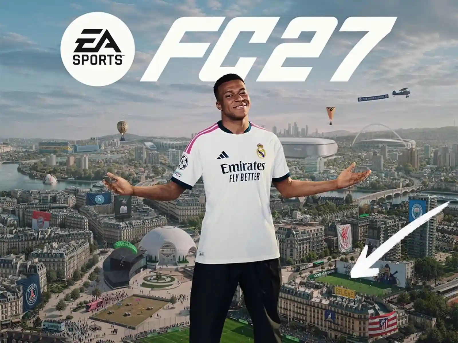 Kylian Mbappé en el arte promocional de EA Sports FC 27, con una flecha que señala uno de los guiños escondidos