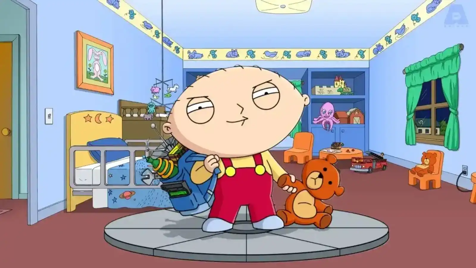 Stewie Griffin con su mochila en el spin-off de Family Guy