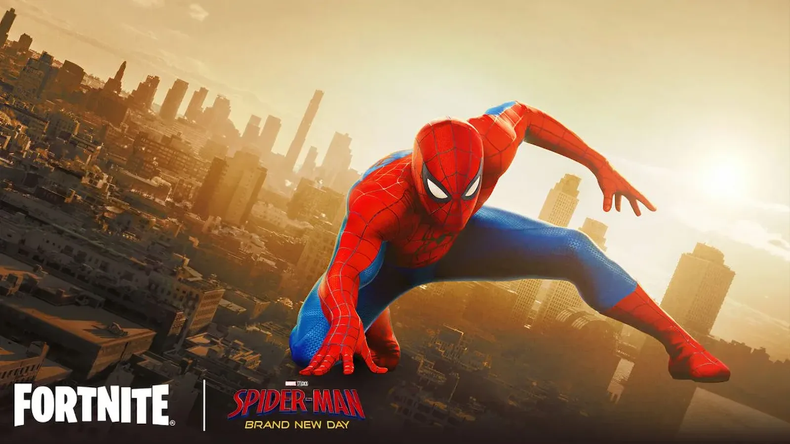 Spider-Man con su traje de Brand New Day, arte de la colaboración con Fortnite