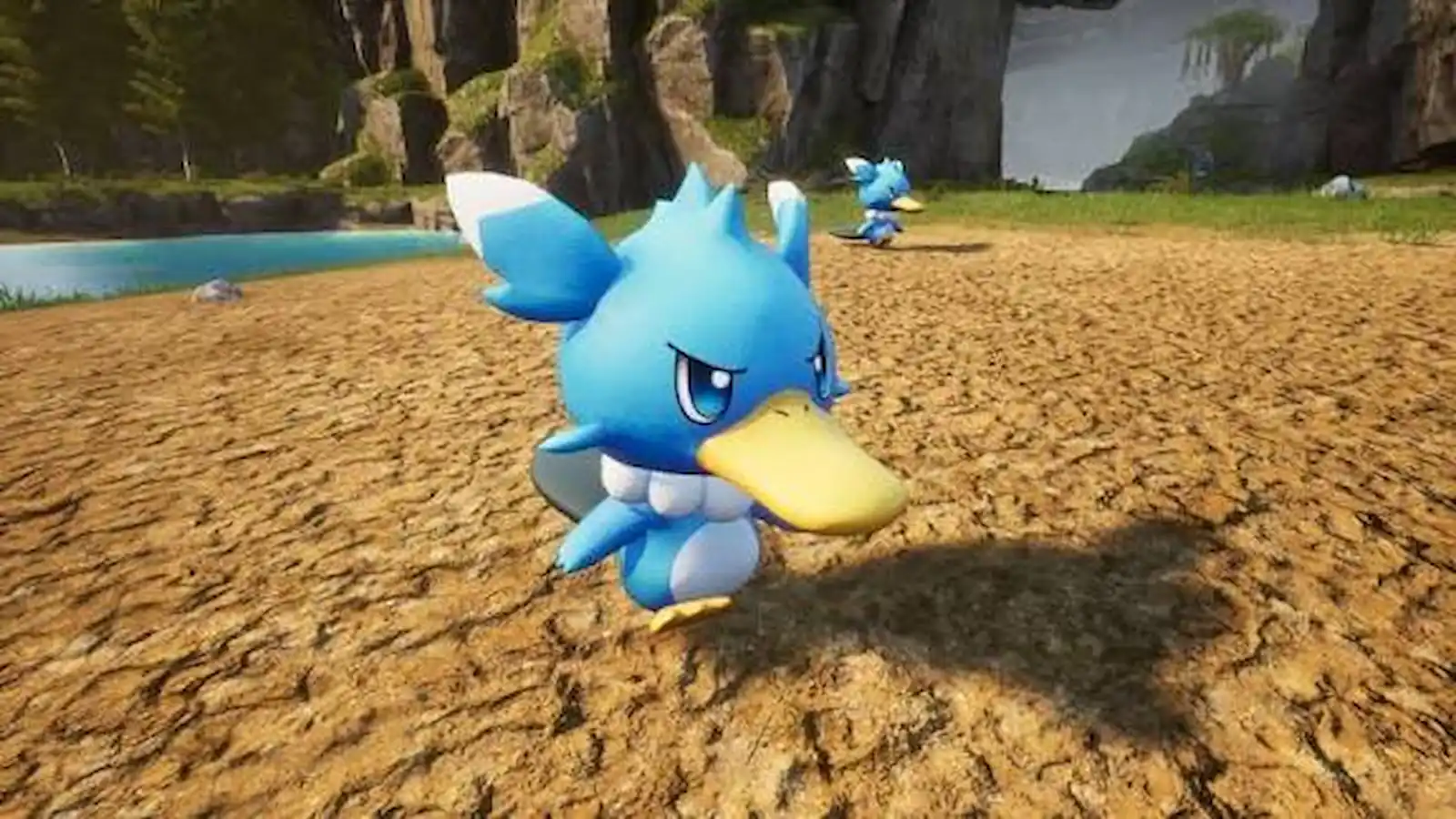 Fuack, el Pal pato celeste de pico amarillo, parado a la orilla de un lago en Palworld