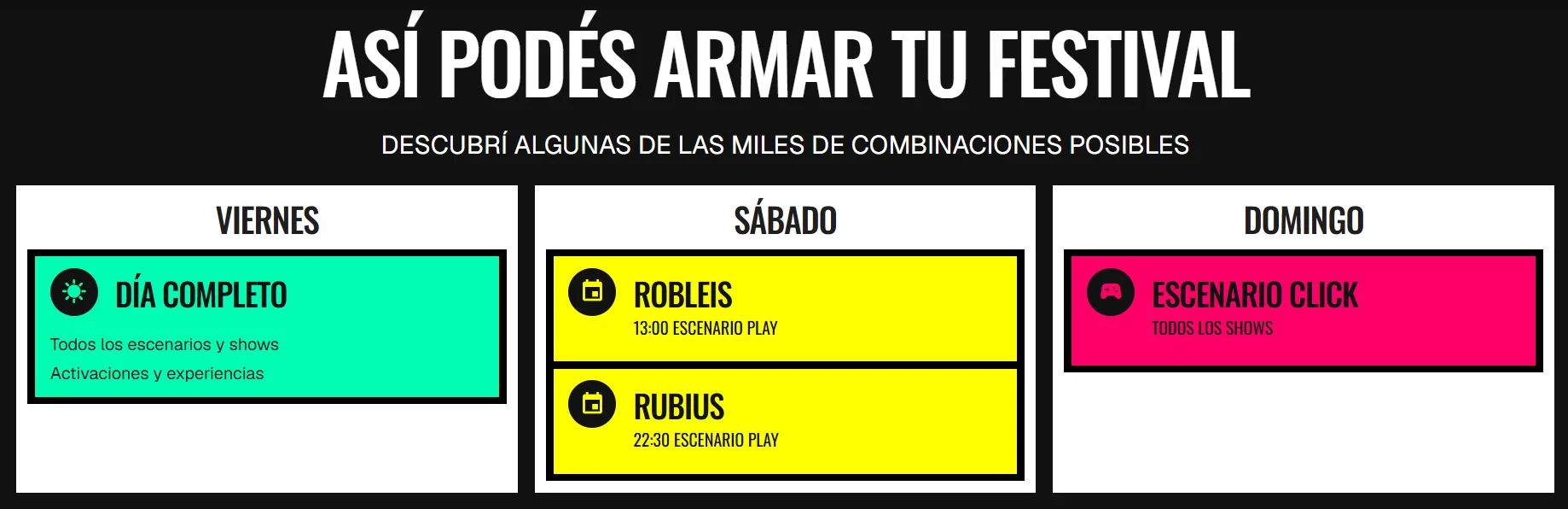Infografía de Generación que muestra cómo armar la propia agenda del festival, con los shows de Robleis y el Rubius
