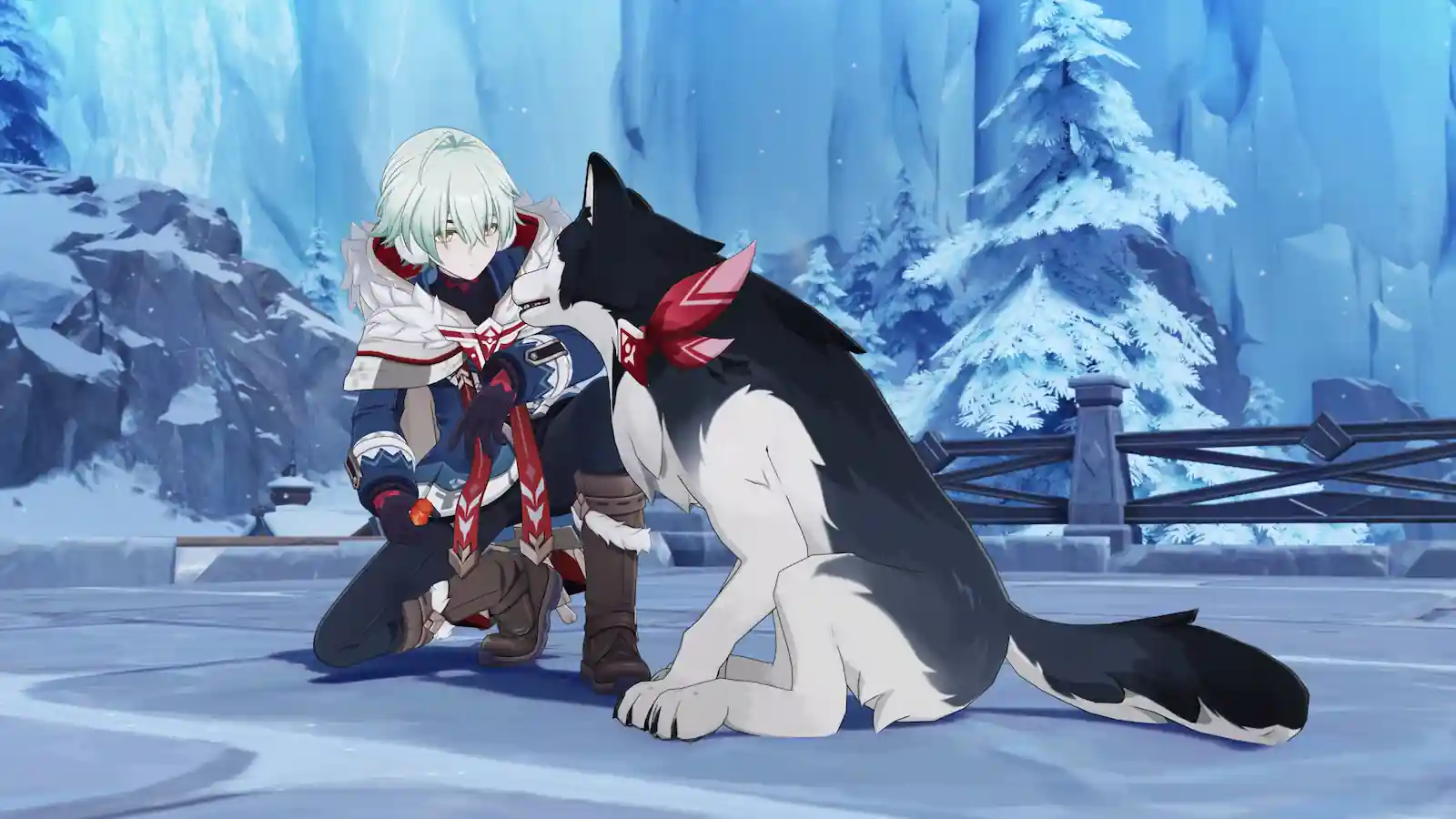 Aliosha junto a su compañero canino Tugarin en la nieve de Snezhnaya, la nueva región de Genshin Impact 7.0