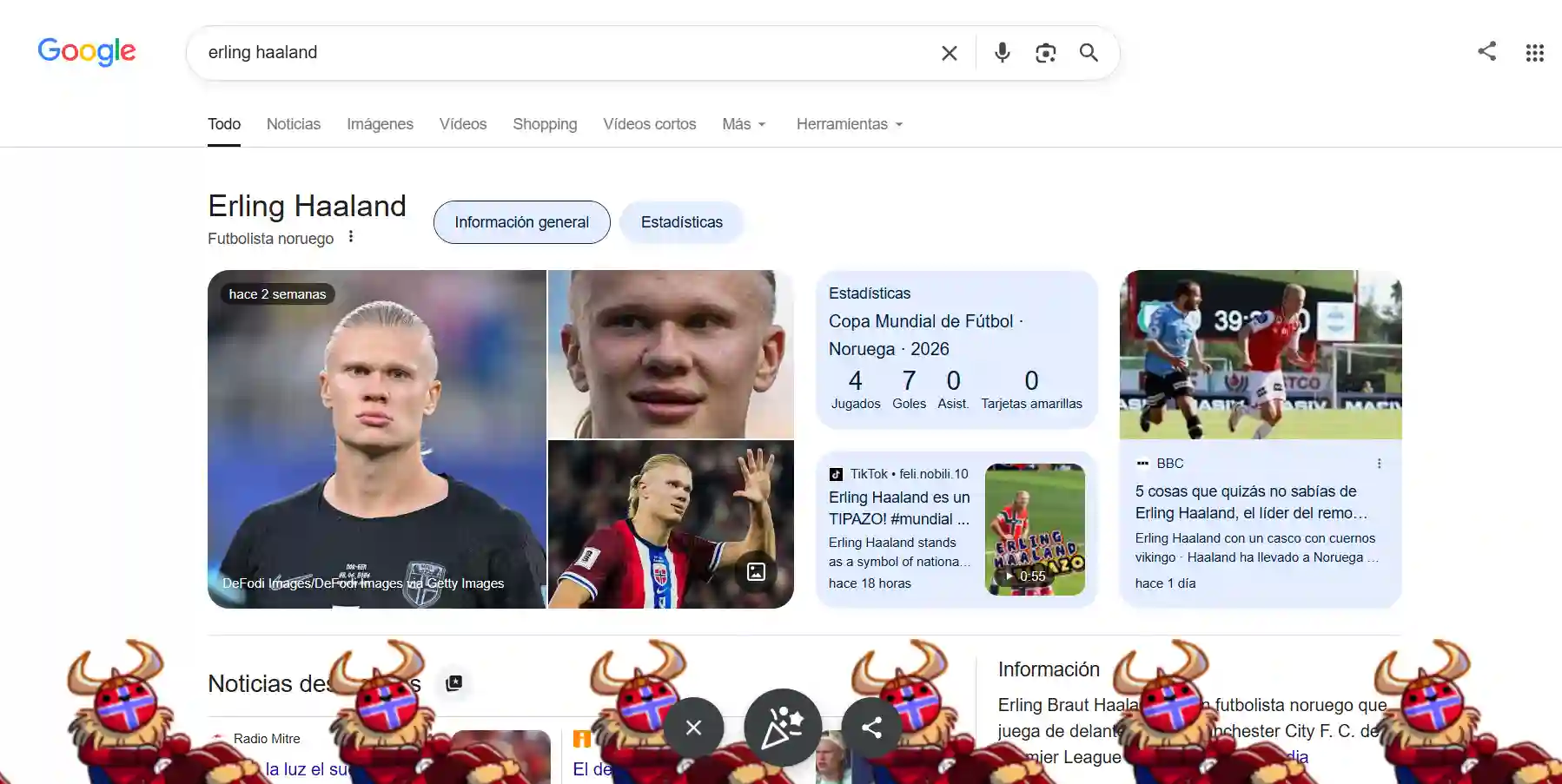 Captura de la animación del easter egg de Haaland en la página de resultados de Google