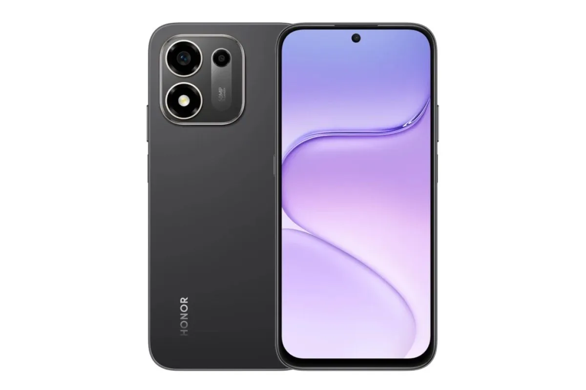 Honor X7e Plus en color negro, con vista frontal y trasera del módulo de cámaras