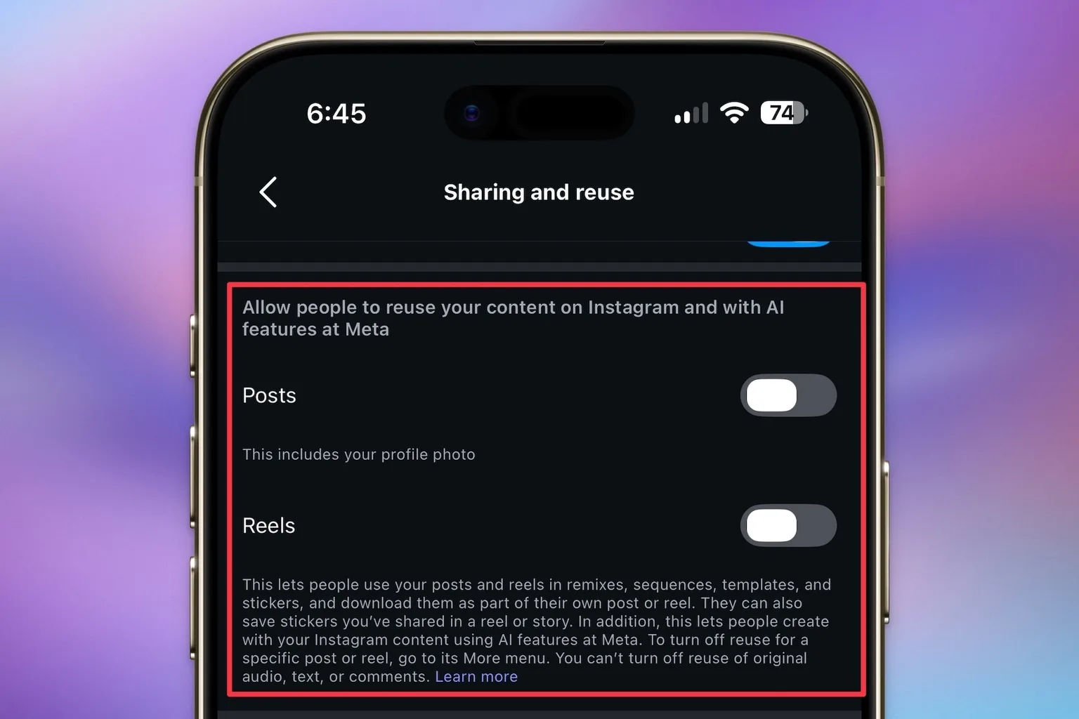Cómo desactivar la reutilización de contenido con IA en la configuración de Instagram