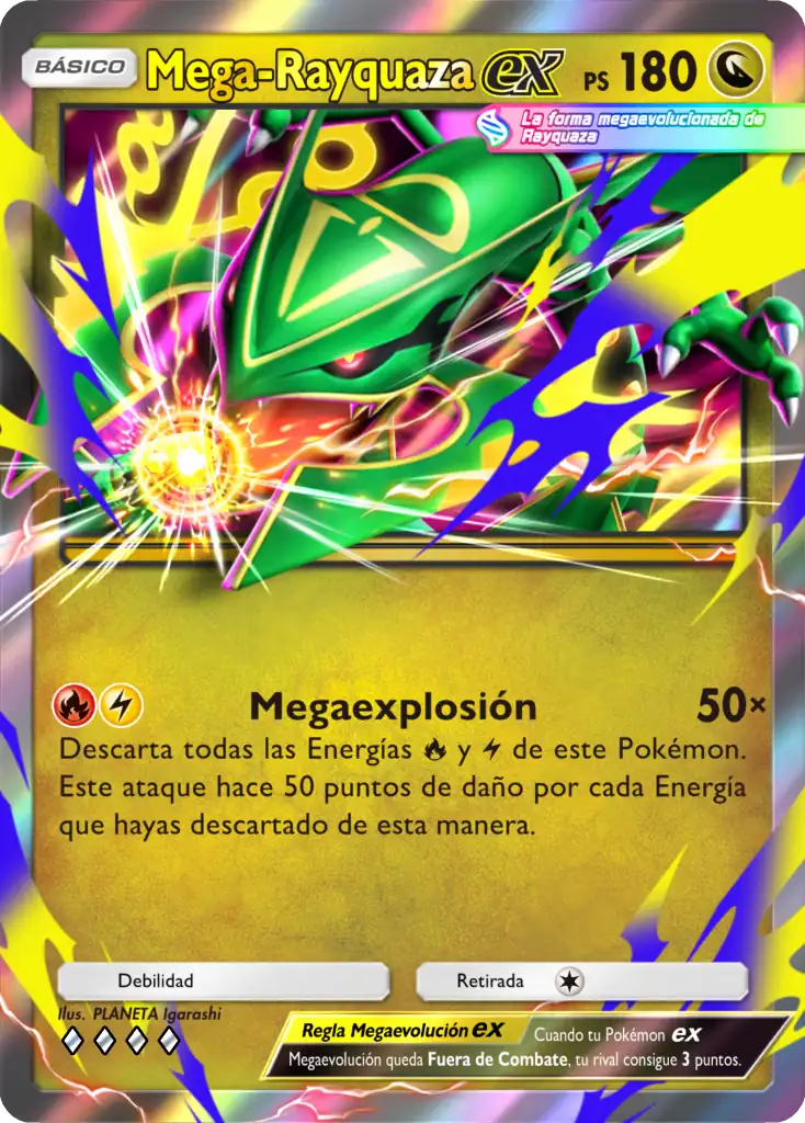 Carta de Mega-Rayquaza ex con 180 PS y el ataque Megaexplosión, la estrella de la expansión