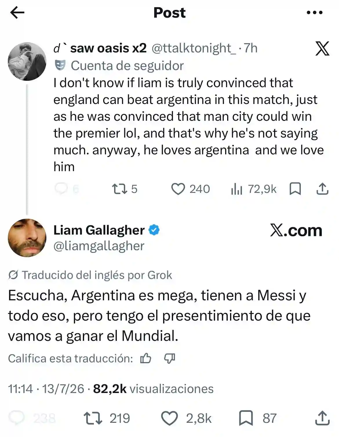 Liam Gallagher elogia a Messi y a la selección argentina en X