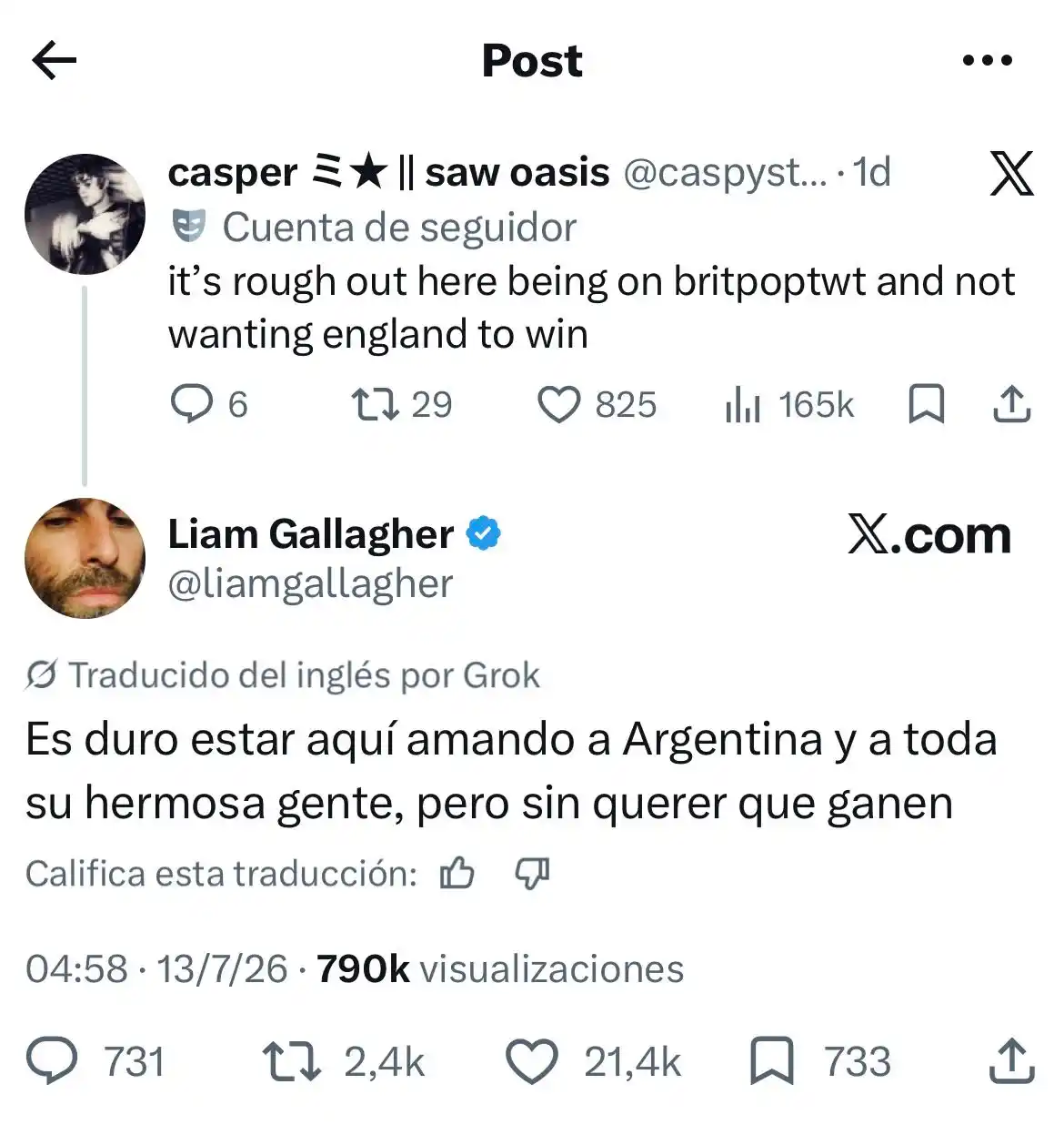 Tweet de Liam Gallagher sobre Argentina antes de la semifinal del Mundial