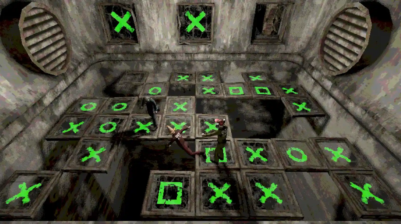 Minijuego de Machine Party con un tablero de tres en línea gigante en el piso