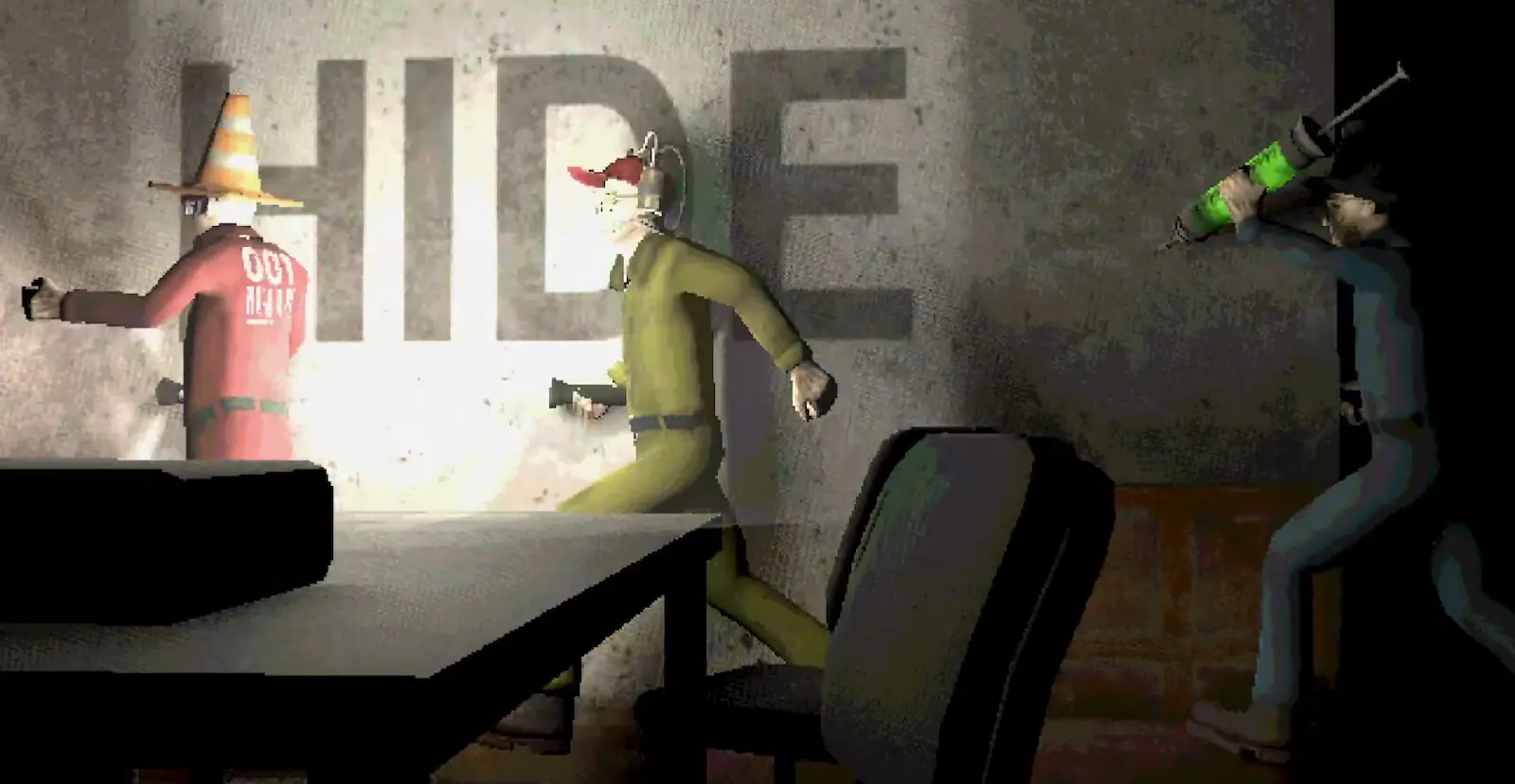 Minijuego de Machine Party donde hay que esconderse de un rival armado
