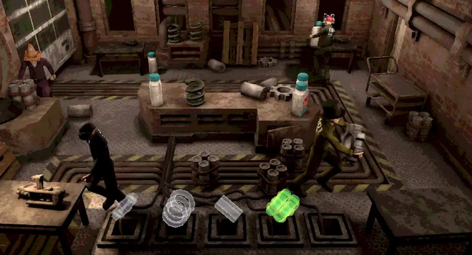 Vista cenital de uno de los escenarios de Machine Party con objetos para resolver un acertijo