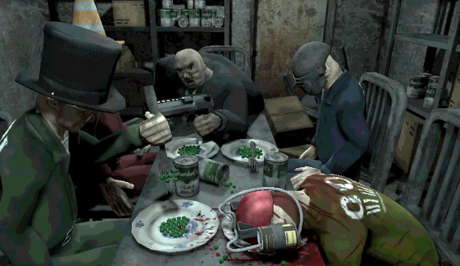Personajes de Machine Party sentados a una mesa en una escena inquietante