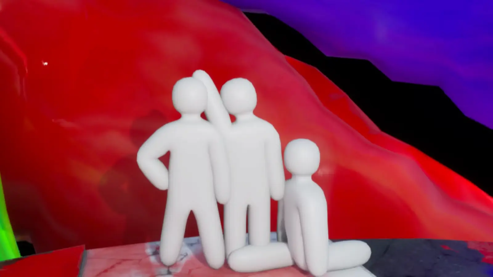 Tres figuras blancas posando juntas sobre un fondo pintado de rojo y violeta en Meccha Chameleon