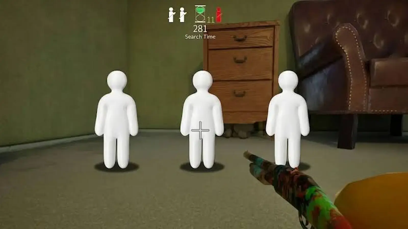 Vista del cazador en Meccha Chameleon, con el arma de pintura y tres figuras blancas sin camuflar delante