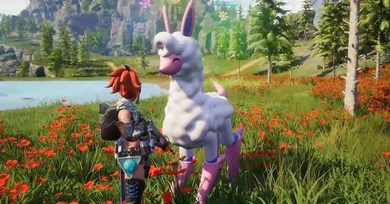 Un jugador de Palworld parado frente a un Melpaca, la alpaca blanca y violeta que suelta cuero, en un campo de flores rojas