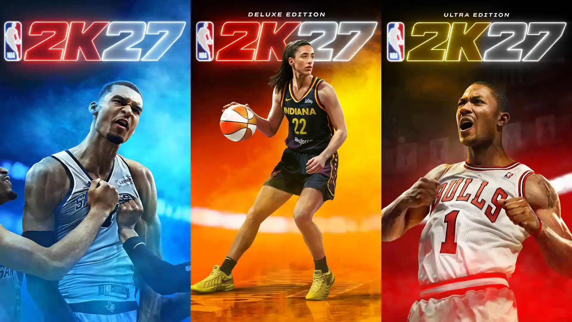 Las tres portadas de NBA 2K27: Victor Wembanyama, Caitlin Clark y Derrick Rose, una por edición