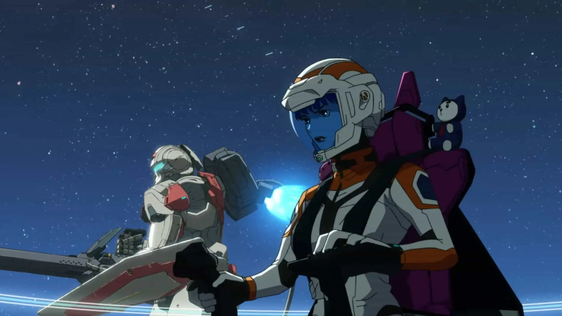 Un piloto con traje espacial junto a un mecha en una escena del nuevo anime Mobile Suit Gundam RG XARX-ZERO