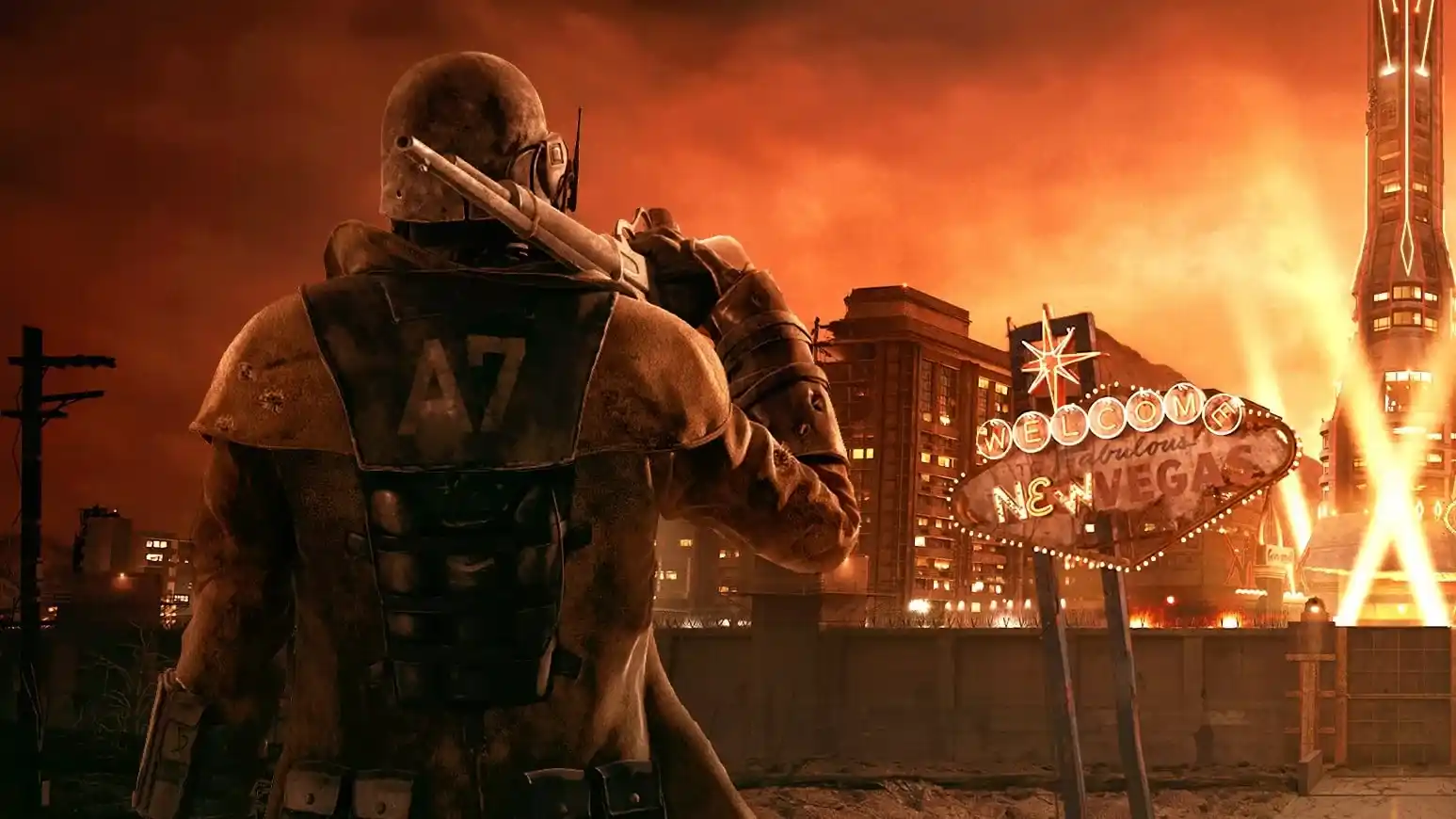 Un ranger de la RNC frente al cartel de New Vegas en Fallout: New Vegas, uno de los juegos que va a tener remaster