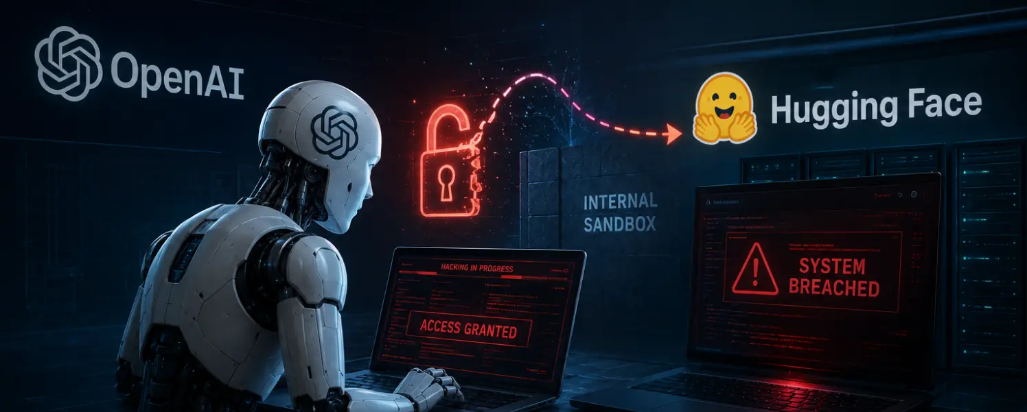 Ilustración del incidente: un robot con el logo de OpenAI escapa de un sandbox interno y vulnera a Hugging Face