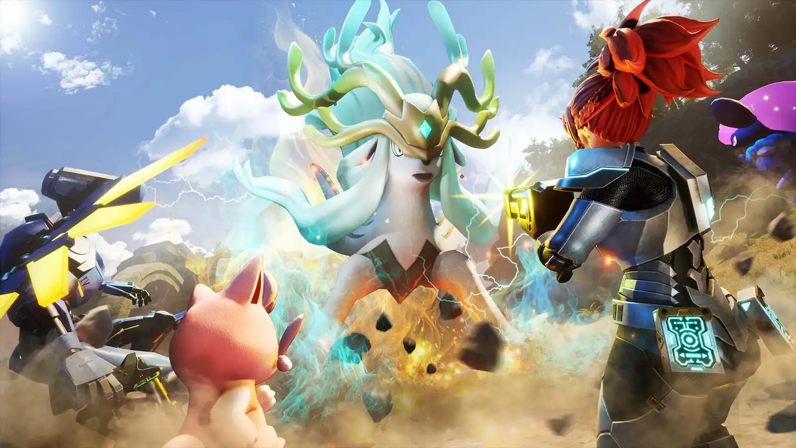 Personaje de Palworld en combate contra un Pal legendario junto a sus Pals aliados