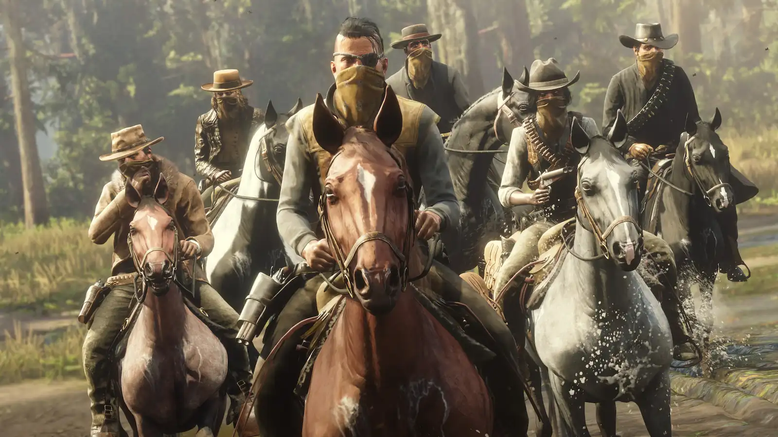 Pandilla de forajidos a caballo cruzando un arroyo en Red Dead Online