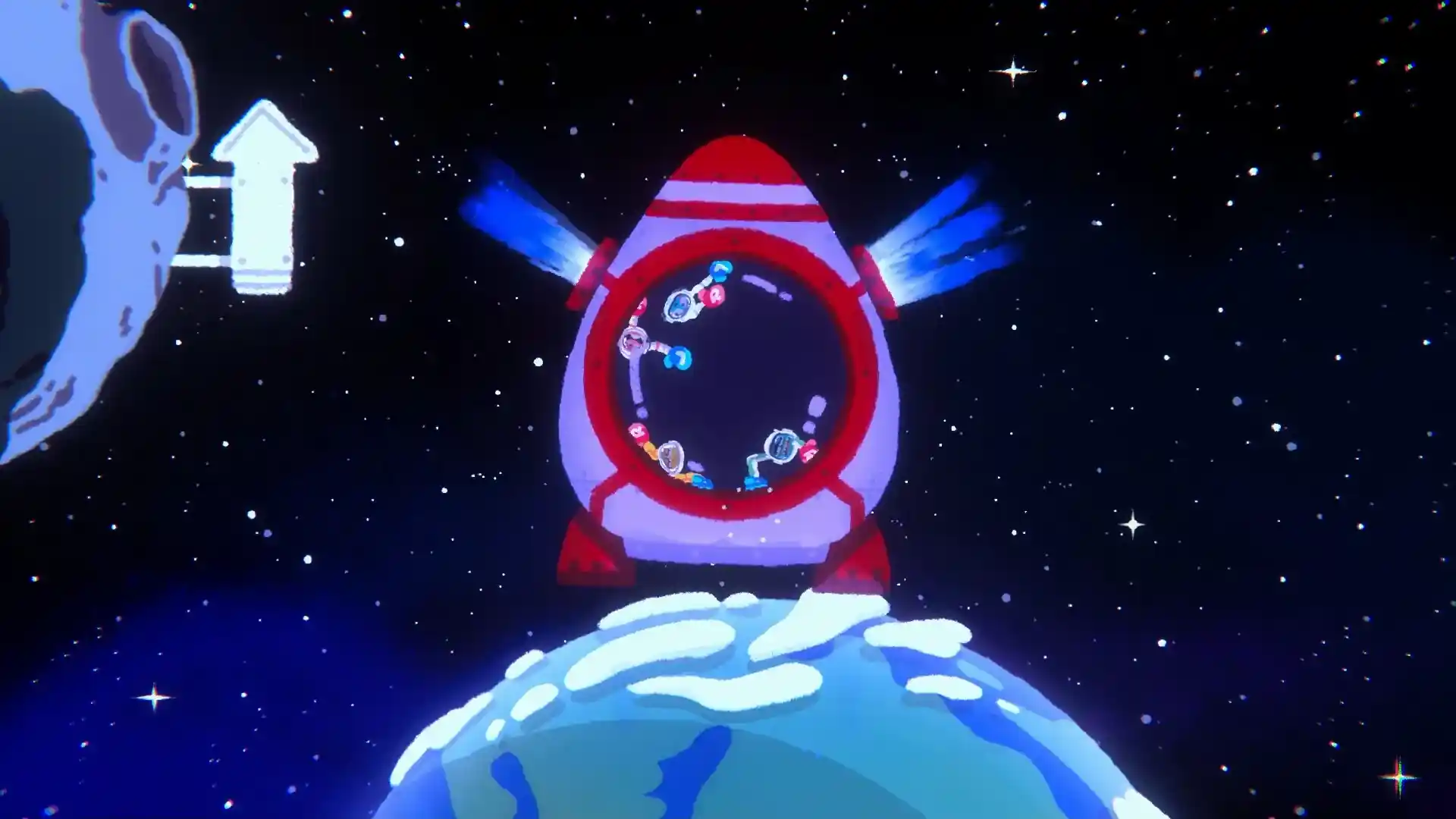 Review Heave Ho 2: los personajes viajan en un cohete rumbo al espacio