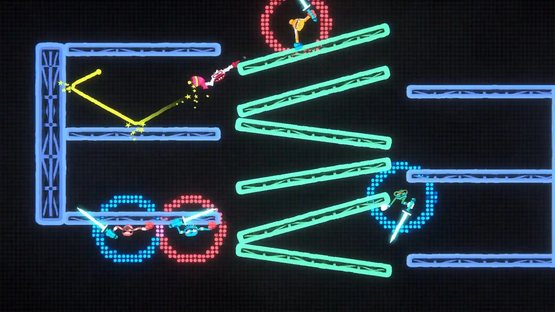 Review Heave Ho 2: nivel de neón del modo Showdown con personajes empuñando espadas