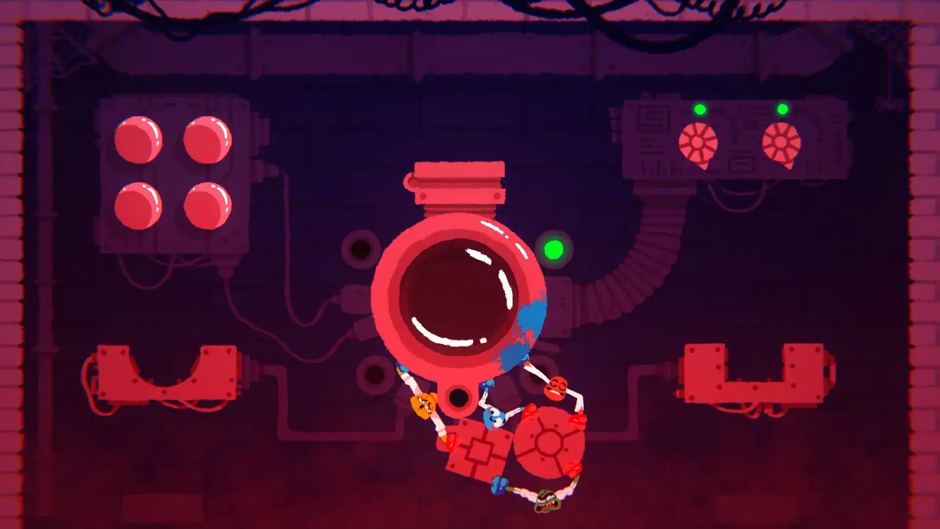 Review Heave Ho 2: los personajes cuelgan en cadena de una válvula gigante en una fábrica
