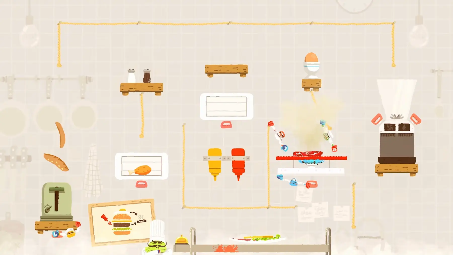 Review Heave Ho 2: nivel de cocina donde los personajes preparan una hamburguesa en equipo