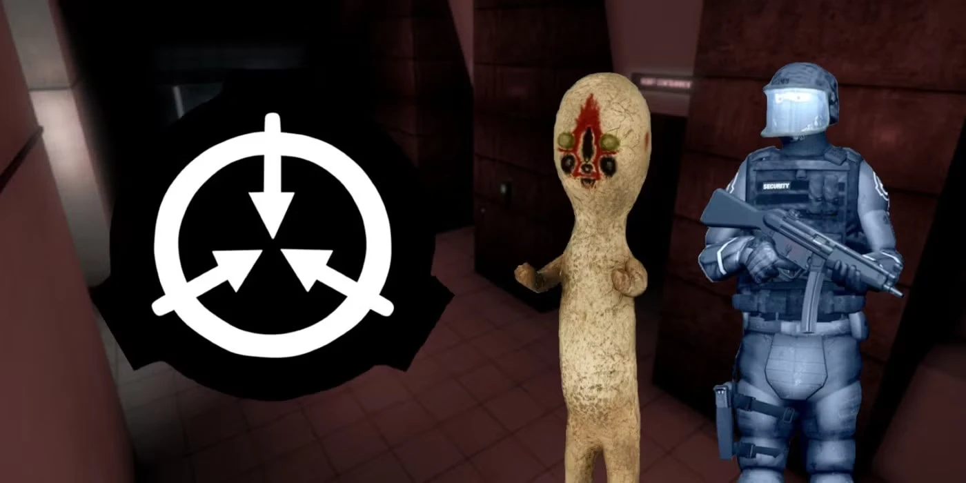 Logo de la Fundación SCP junto a una entidad anómala y un guardia armado del videojuego SCP: Containment Breach