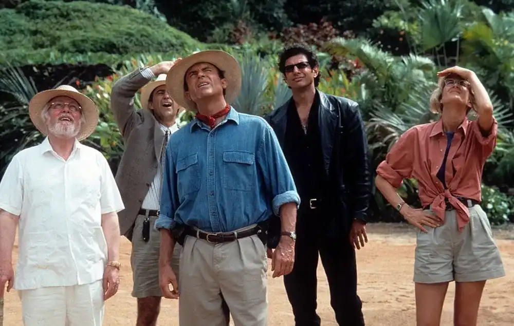 Sam Neill junto a los dinosaurios de Jurassic Park en 1993